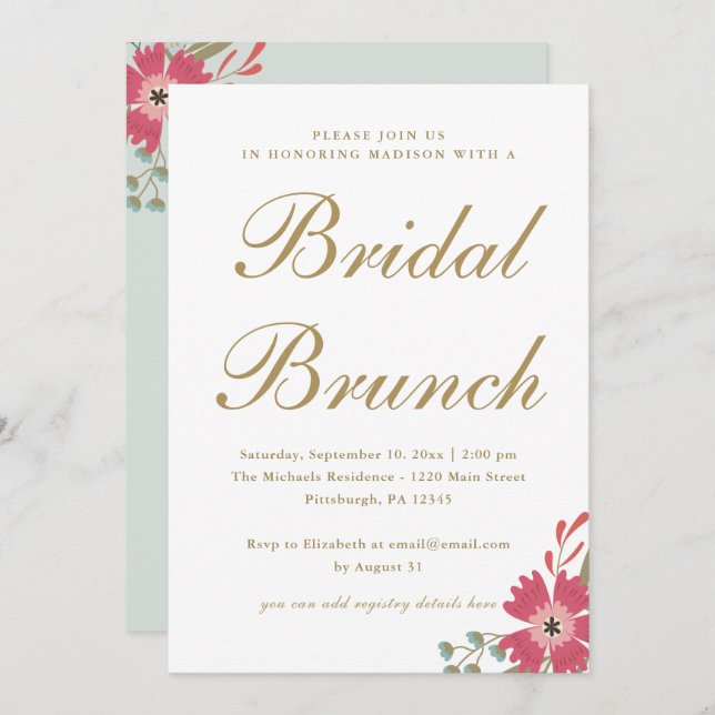 Invitation Jolies Fleurs et Mint Green Bridal Brunch (Devant / Derrière)