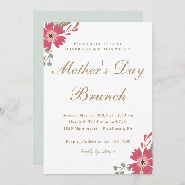 Invitation Jolies Fleurs et Monnaie verte Brunch Fête des Mèr (Devant / Derrière)