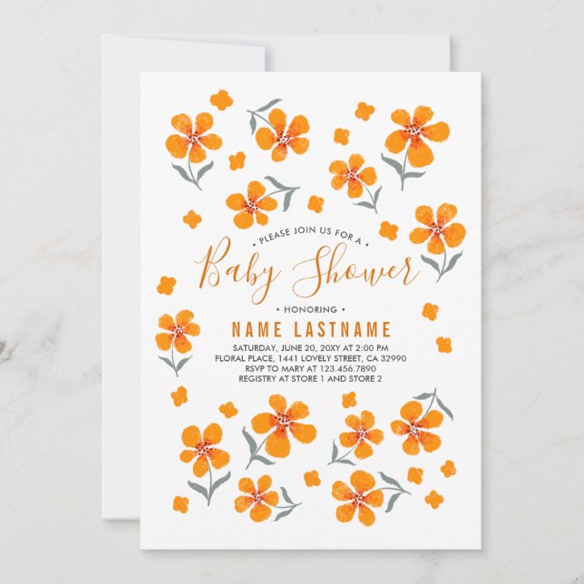 Invitation Jolies fleurs folk orange Blanc Baby shower fille (Devant)