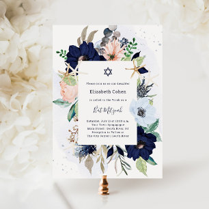 Invitation Jolies fleurs marines bleues   BAT MITZVAH