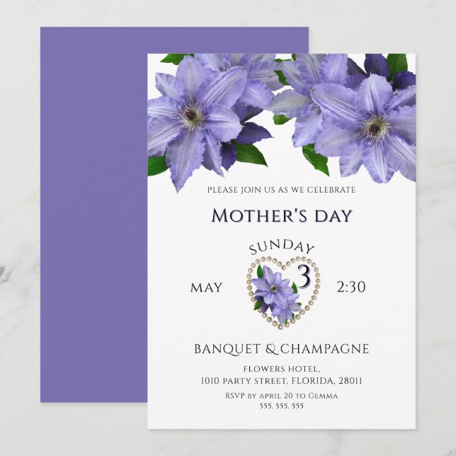 Invitation Jolies Fleurs Mauves, Célébration de la Fête des M (Devant / Derrière)