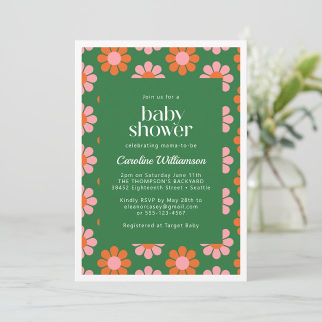 Invitation Jolies Fleurs Rétro Vert Rose Baby Shower (Debout devant)