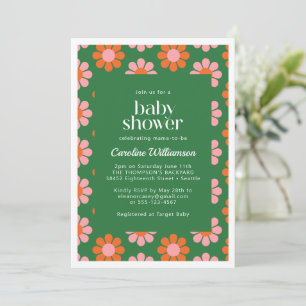 Invitation Jolies Fleurs Rétro Vert Rose Baby Shower