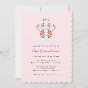 Invitation Jolies fleurs roses et baptême croisé