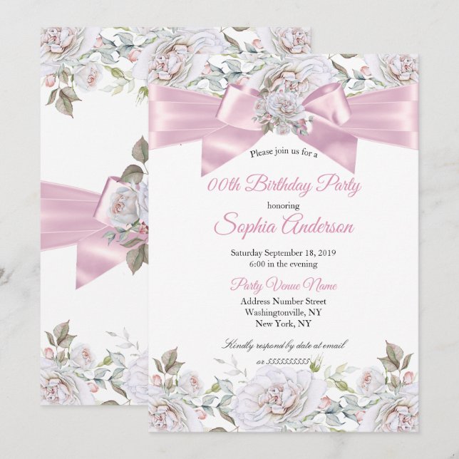 Invitation Jolies Fleurs Roses Rose Blanc Fête d'anniversaire (Devant / Derrière)