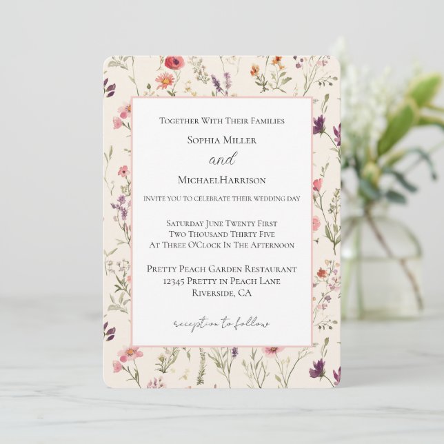Invitation Jolies Fleurs Roses Rouge Violet Mariage    (Debout devant)