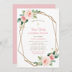 Invitation jolies fleurs roses rousses première communion sai
