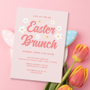 Invitation Jolies Fleurs Roses Simples Brunch de Pâques