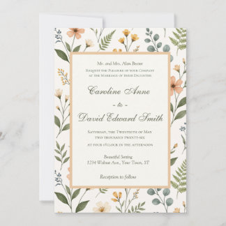 Invitation Jolies fleurs sauvages et fougères neutres pastel