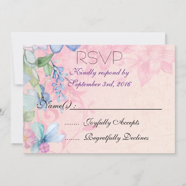 Invitation Jolies fleurs sauvages roses et bleues RSVP (Devant)