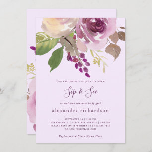 Invitation Jolies fleurs violettes Baby Sip and See