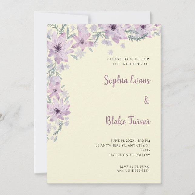 Invitation Jolies Fleurs Violettes Mariage Jaune Douce Romant (Devant)