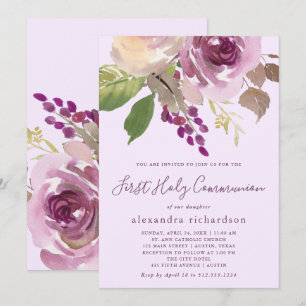 Invitation Jolies fleurs violettes   Première sainte communio