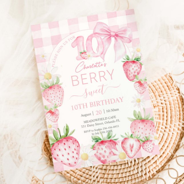 Invitation Jolies Fraises Roses Douce Fête 10 Ans (Créateur téléchargé)