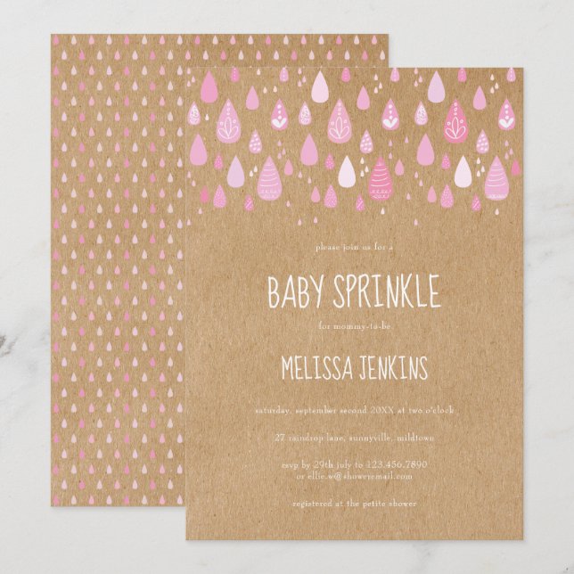 Invitation Jolies gouttes de pluie roses bébé Sprinkle / Douc (Devant / Derrière)