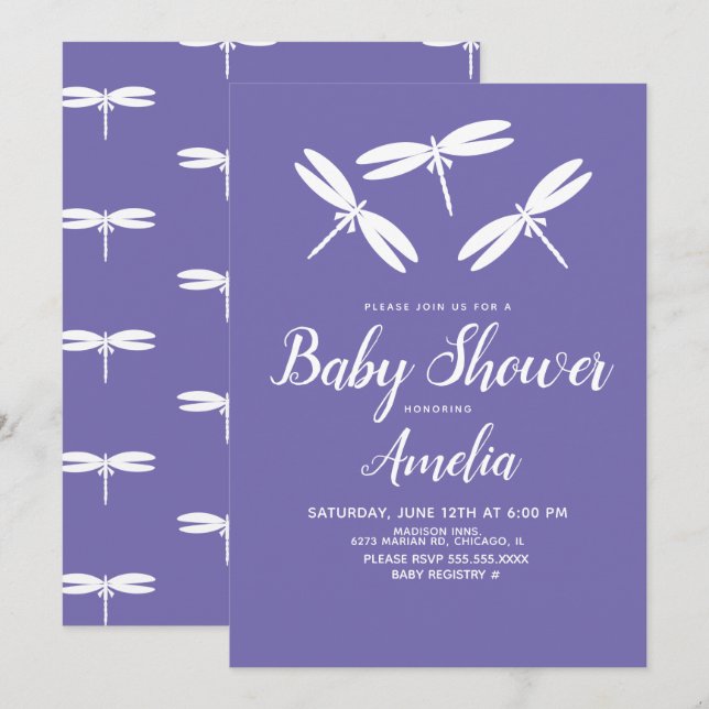 Invitation Jolies libellules  Baby shower violet blanc   (Devant / Derrière)