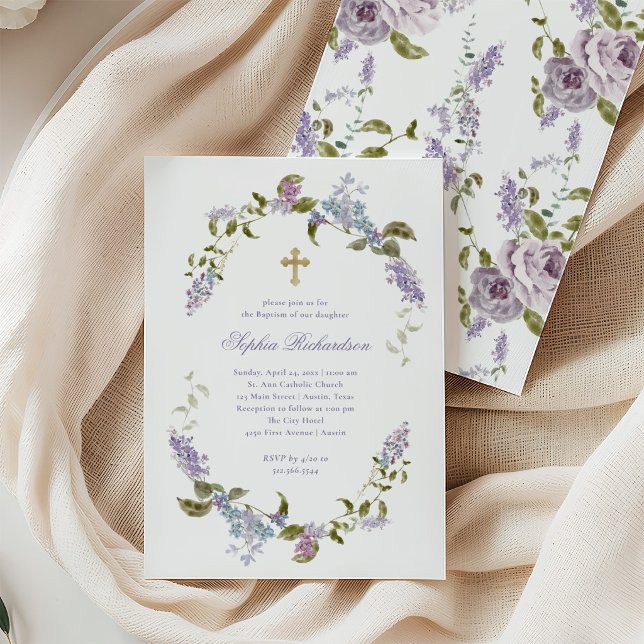 Invitation Jolies Lilas Bleus et Violets et Croix | Baptême (Créateur téléchargé)