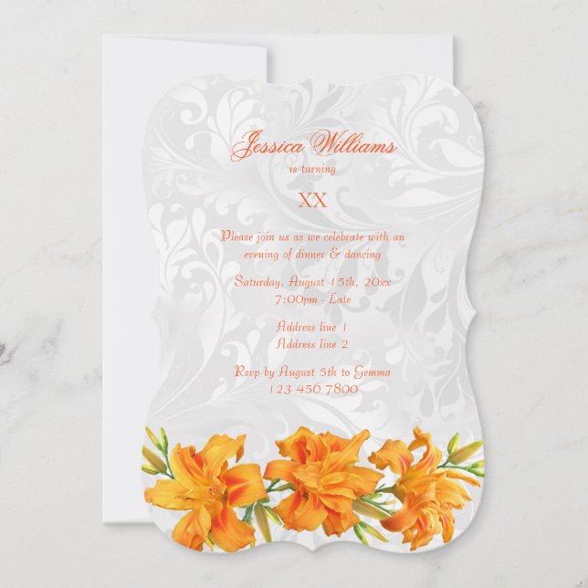 Invitation Jolies Lys Orange & Fête d'Anniversaire Damassé (Devant)