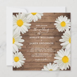Invitation Jolies marguerites Blanc Floral Rustique Bois Mari