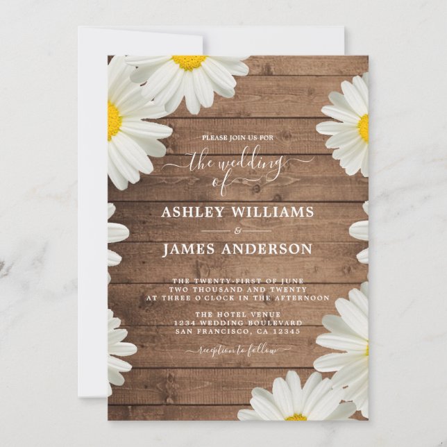 Invitation Jolies marguerites Blanc Floral Rustique Bois Mari (Devant)