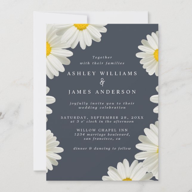 Invitation Jolies marguerites Floral Blanc bleu foncé Mariage (Devant)