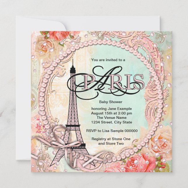 Invitation Jolies perles Baby shower Paris rose (Devant)