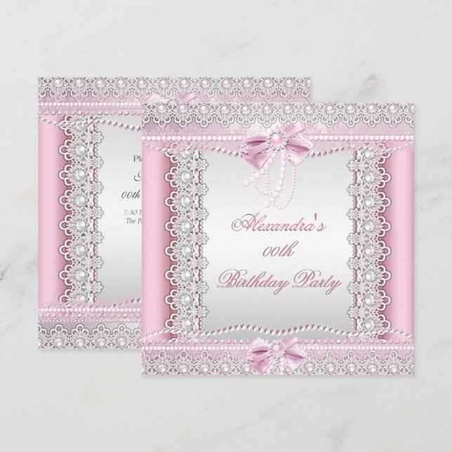 Invitation Jolies Perles Blanches Roses Ruban en Dentelle Fêt (Devant / Derrière)