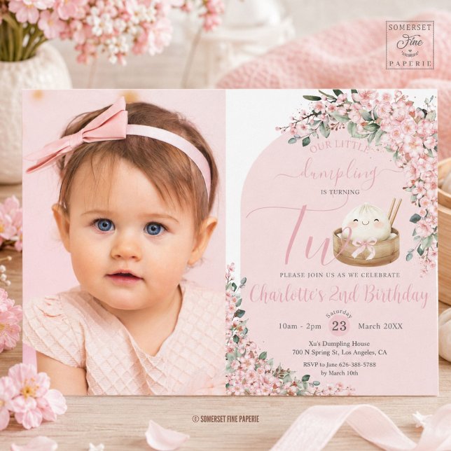 Invitation Jolies petites fleurs de cerisier pour le 2e anniv (Zazzle Cute Little Dumpling Cherry Blossoms 2nd Birthday  photo picture Invitation )