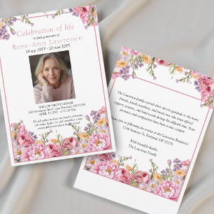 Invitation Jolies Pivoines Roses Photo Coloré Funérailles