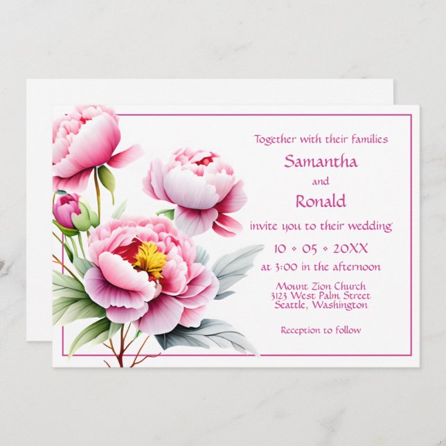 Invitation Jolies pivoines roses sur Mariage blanc (Devant / Derrière)