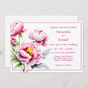 Invitation Jolies pivoines roses sur Mariage blanc