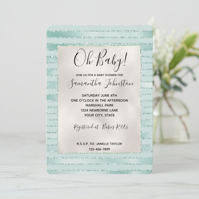 Invitation Jolies rayures pailletées Aqua Mint (Debout devant)