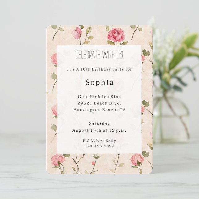 Invitation Jolies Roses Crème Roses Fleuries Anniversaire (Debout devant)
