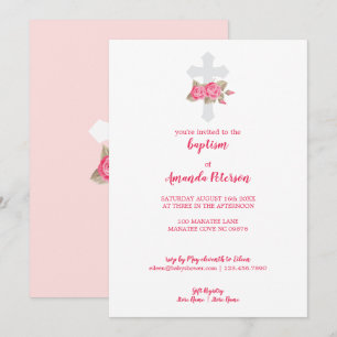 Invitation Jolies Roses Roses et Blanches Croix Baptême