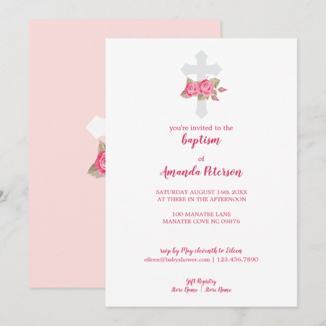 Invitation Jolies Roses Roses et Blanches Croix Baptême (Devant / Derrière)