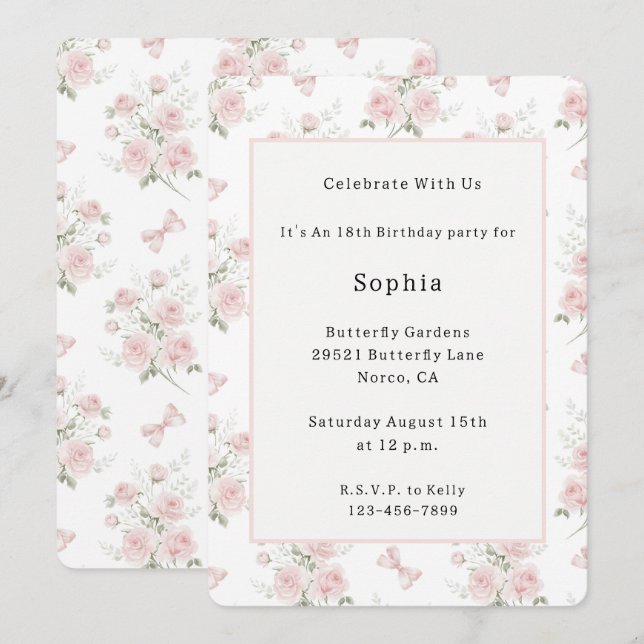 Invitation Jolies Roses Roses Fleurs Anniversaire  (Devant / Derrière)