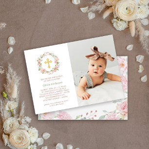 Invitation Jolies roses roses roses et Croix d'or   Photo Bap