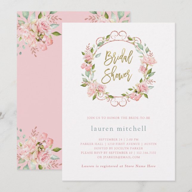 Invitation Jolies roses roses roses et script or | FÊTE DES M (Devant / Derrière)