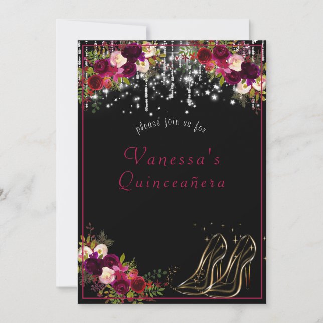 Invitation Jolies Roses Rouges Étoiles Brillantes Talons Haut (Devant)