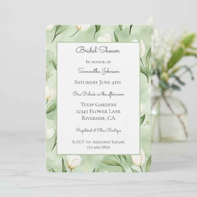 Invitation Jolies Tulipes Blanches Vertes Shower de Mariée   (Debout devant)