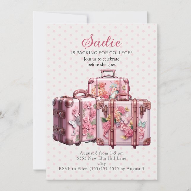 Invitation Jolies valises Vintages Pink College Trunk Party (Devant)