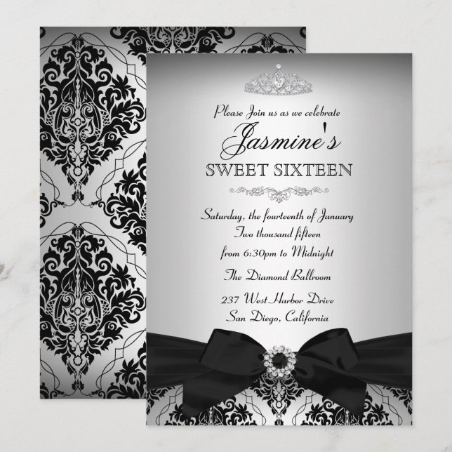 Invitation Joliment Argentée et Noir Damassé pour  (Devant / Derrière)