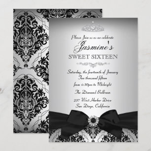Invitation Joliment Argentée et Noir Damassé pour