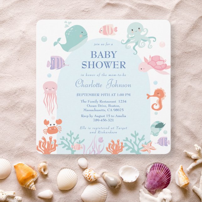 Invitation Jolis amis de l'océan pastel pour une baby shower  (Créateur téléchargé)