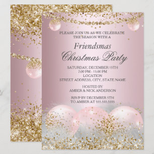 Invitation Jolis amis de Noël en or rose Bauble Fête de Noël