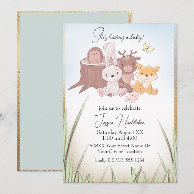 Invitation Jolis Animaux de la Forêt Baby Shower (Devant / Derrière)