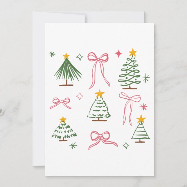 Invitation Jolis arbres de Noël et motifs de rubans dessinés  (Devant)