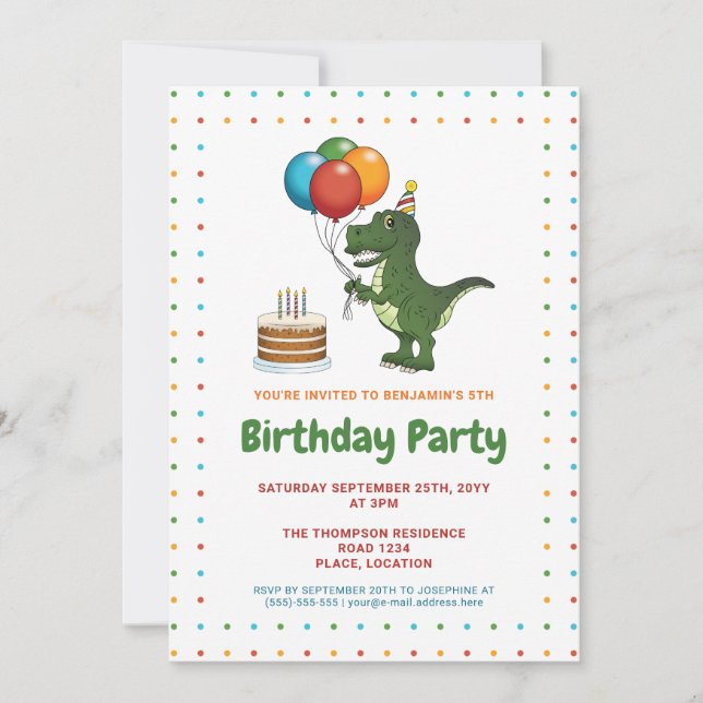 Invitation Jolis Ballons d'Anniversaire Tyrannosaure Rex Colo (Devant)