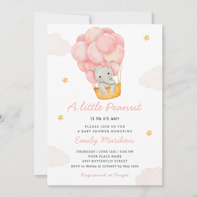 Invitation Jolis Ballons Fille Éléphant Moderne Baby Shower (Devant)