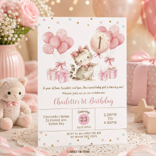 Invitation Jolis Ballons Roses Chat Chaton 1er 2ème 3ème Anni